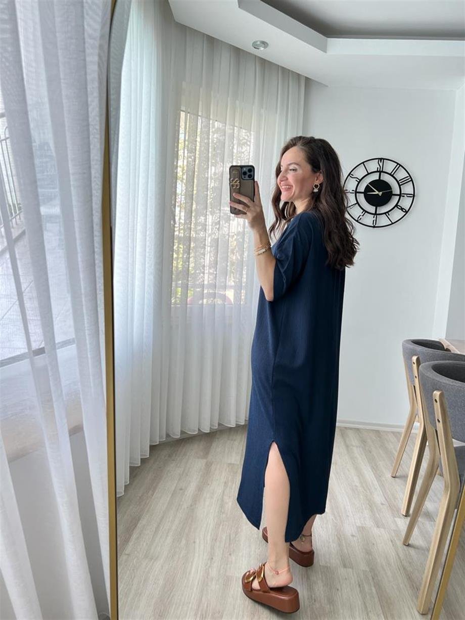 Lacivert Gofre Kumaş Yırtmaçlı Basic Elbise 0411