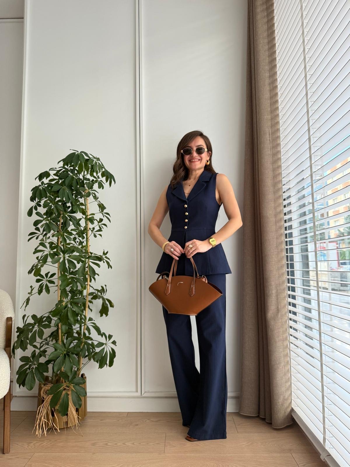 Lacivert Gold Düğmeli Tasarım Yelek Pantolon Takım 9206