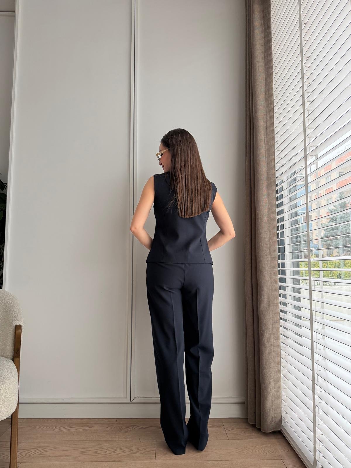 Lacivert Gold Düğmeli Yelek Pantolon Takım 8907