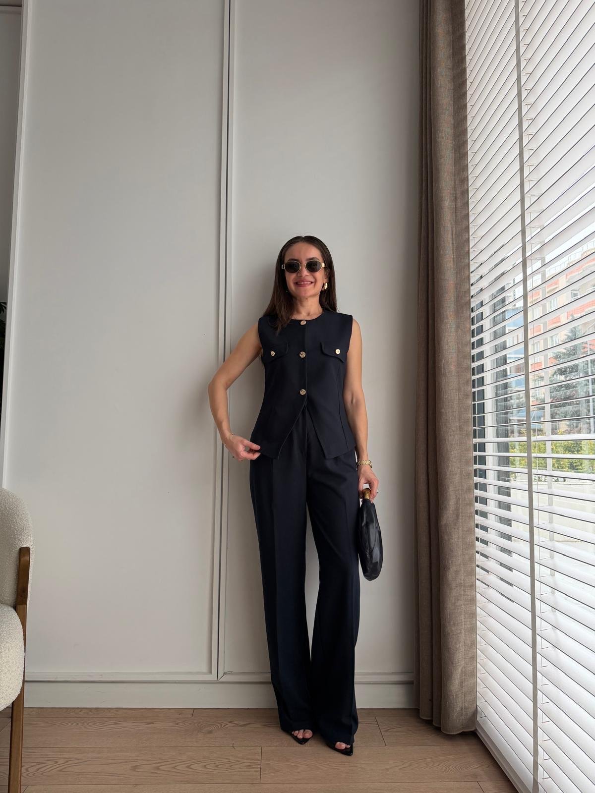 Lacivert Gold Düğmeli Yelek Pantolon Takım 8907