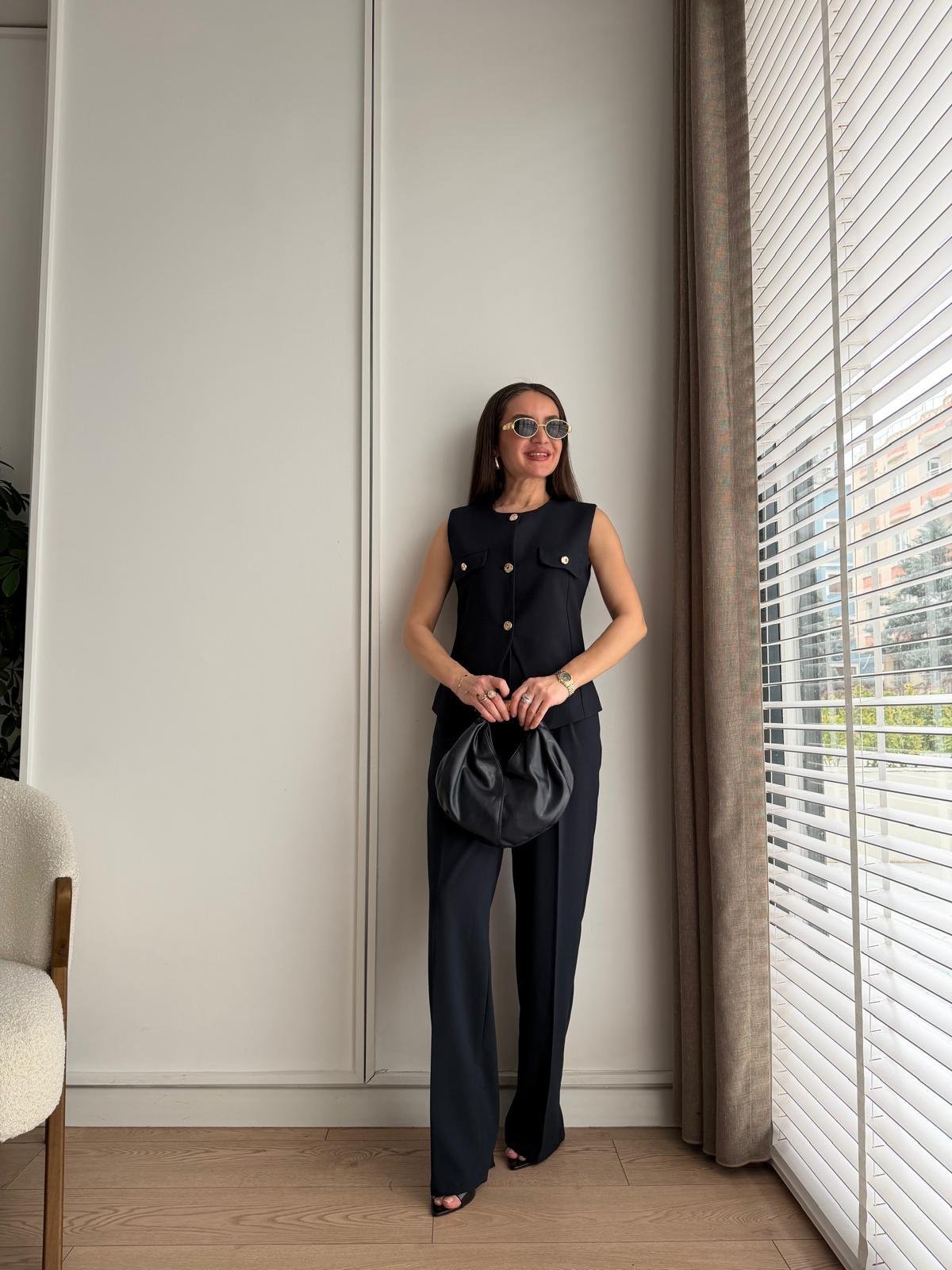 Lacivert Gold Düğmeli Yelek Pantolon Takım 8907