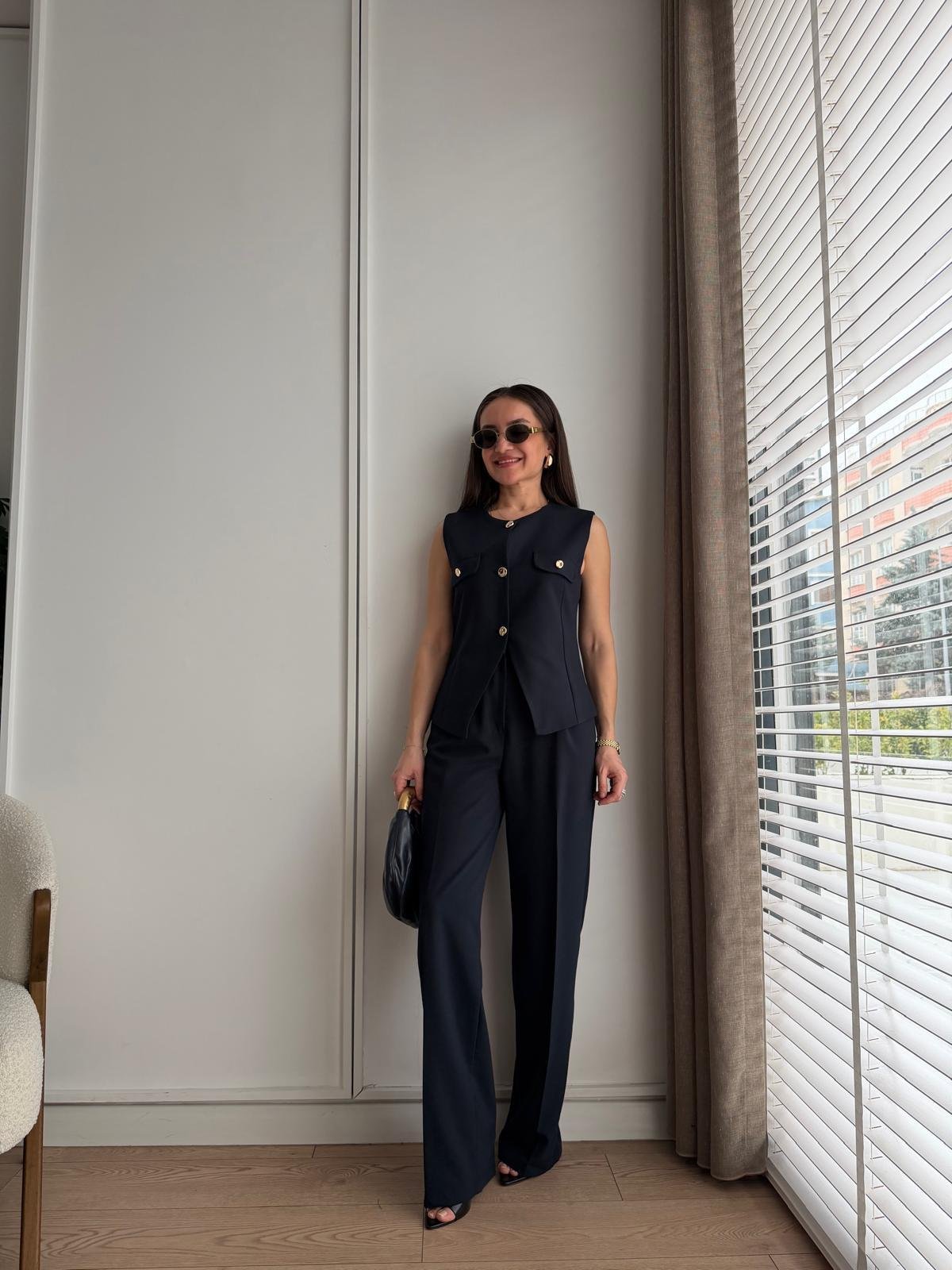 Lacivert Gold Düğmeli Yelek Pantolon Takım 8907
