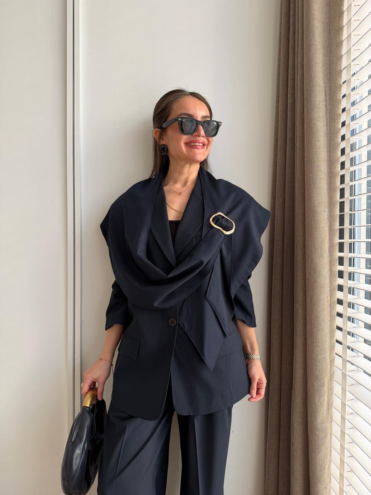 Lacivert Gold Toka Detaylı Şallı Blazer Ceket 9707