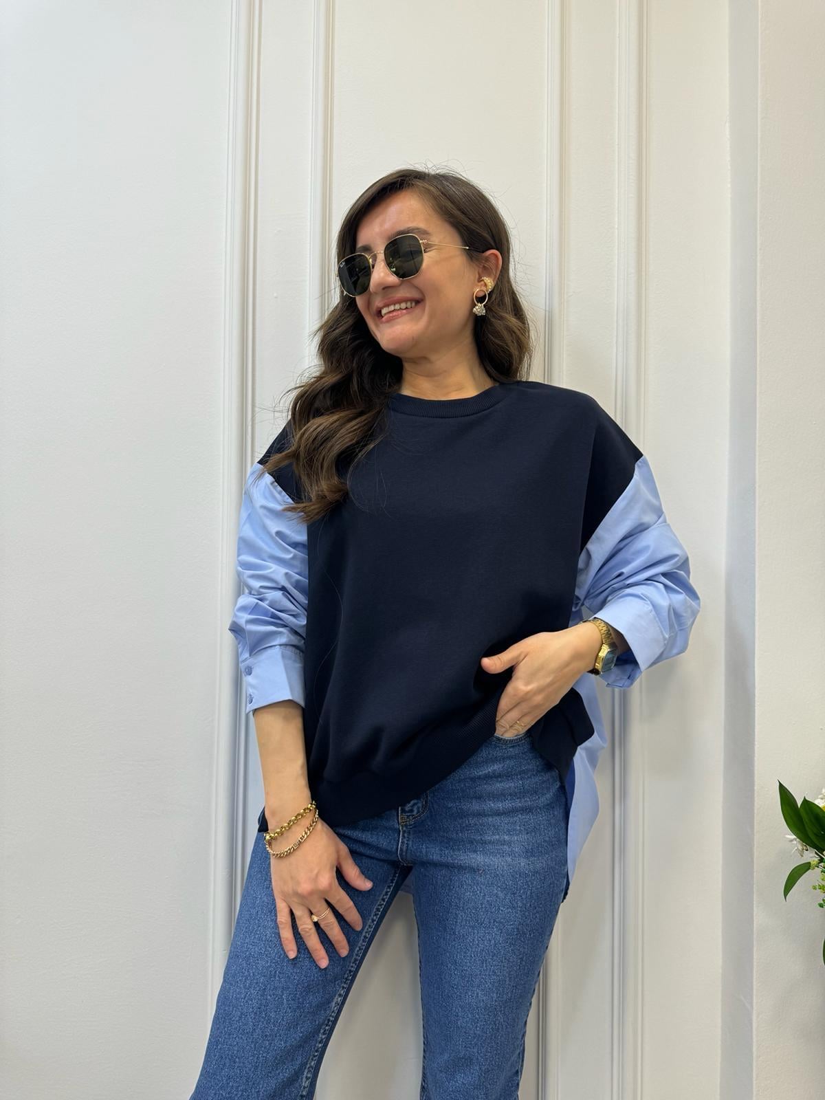Lacivert Gömlek Detaylı Tasarım Sweatshirt 7819