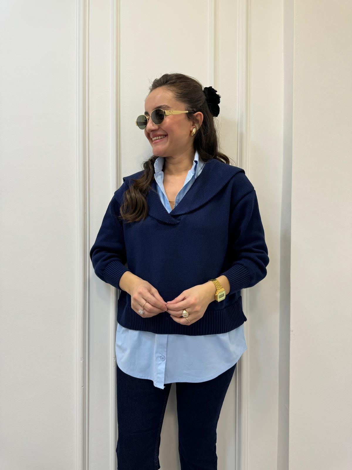Lacivert Gömlek Yaka Poplin Garnili Kazak 7650