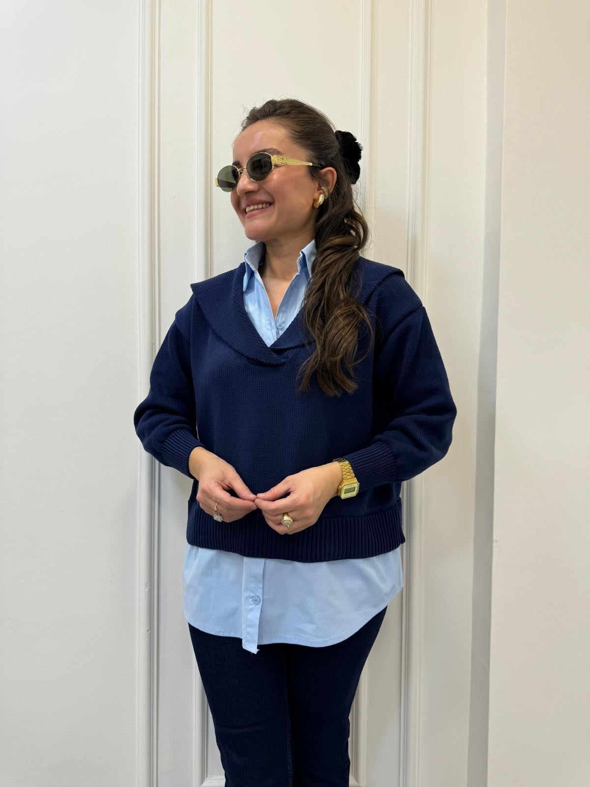 Lacivert Gömlek Yaka Poplin Garnili Kazak 7650