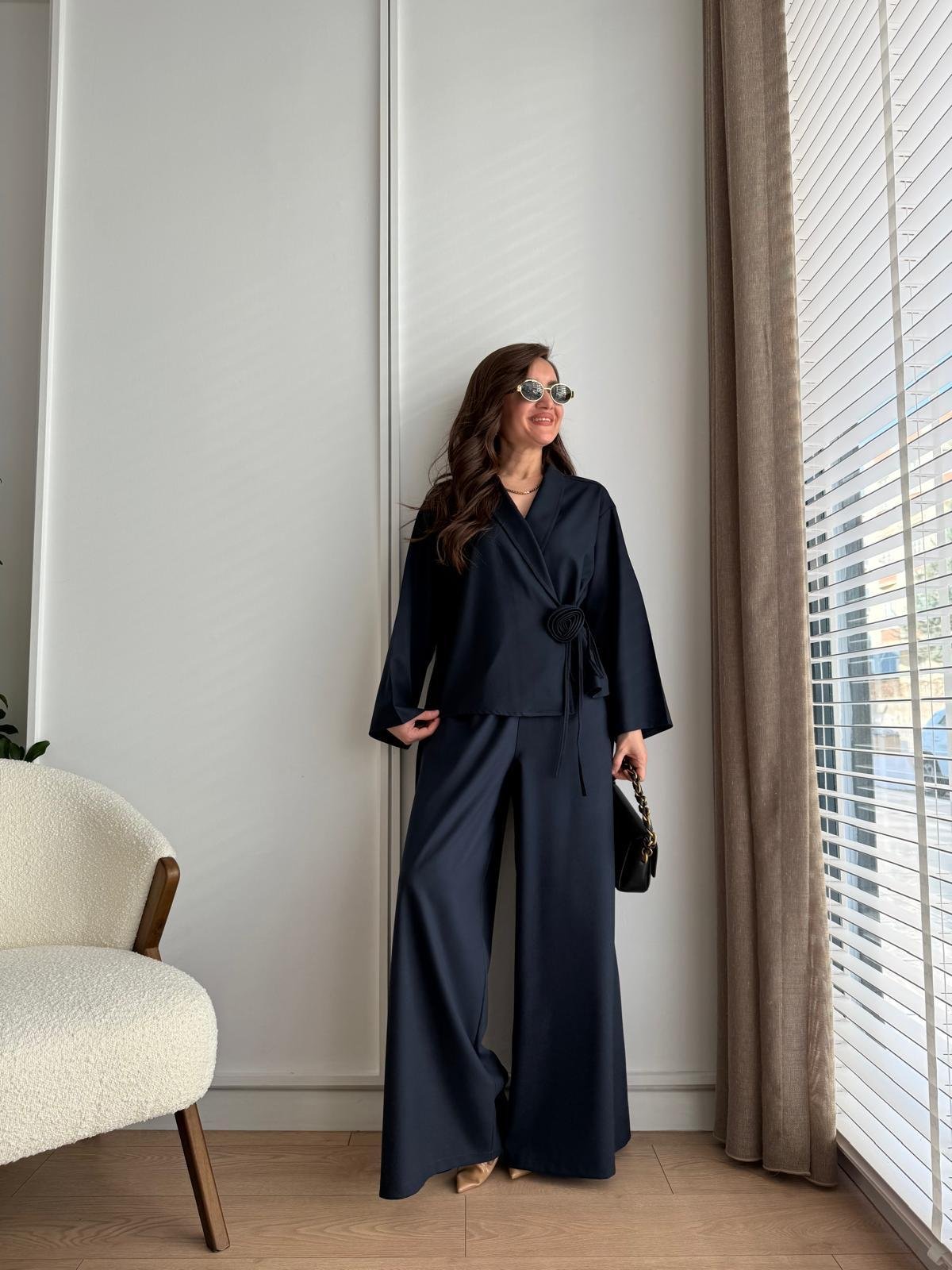 Lacivert Gül Detaylı Kimono Takım 8637