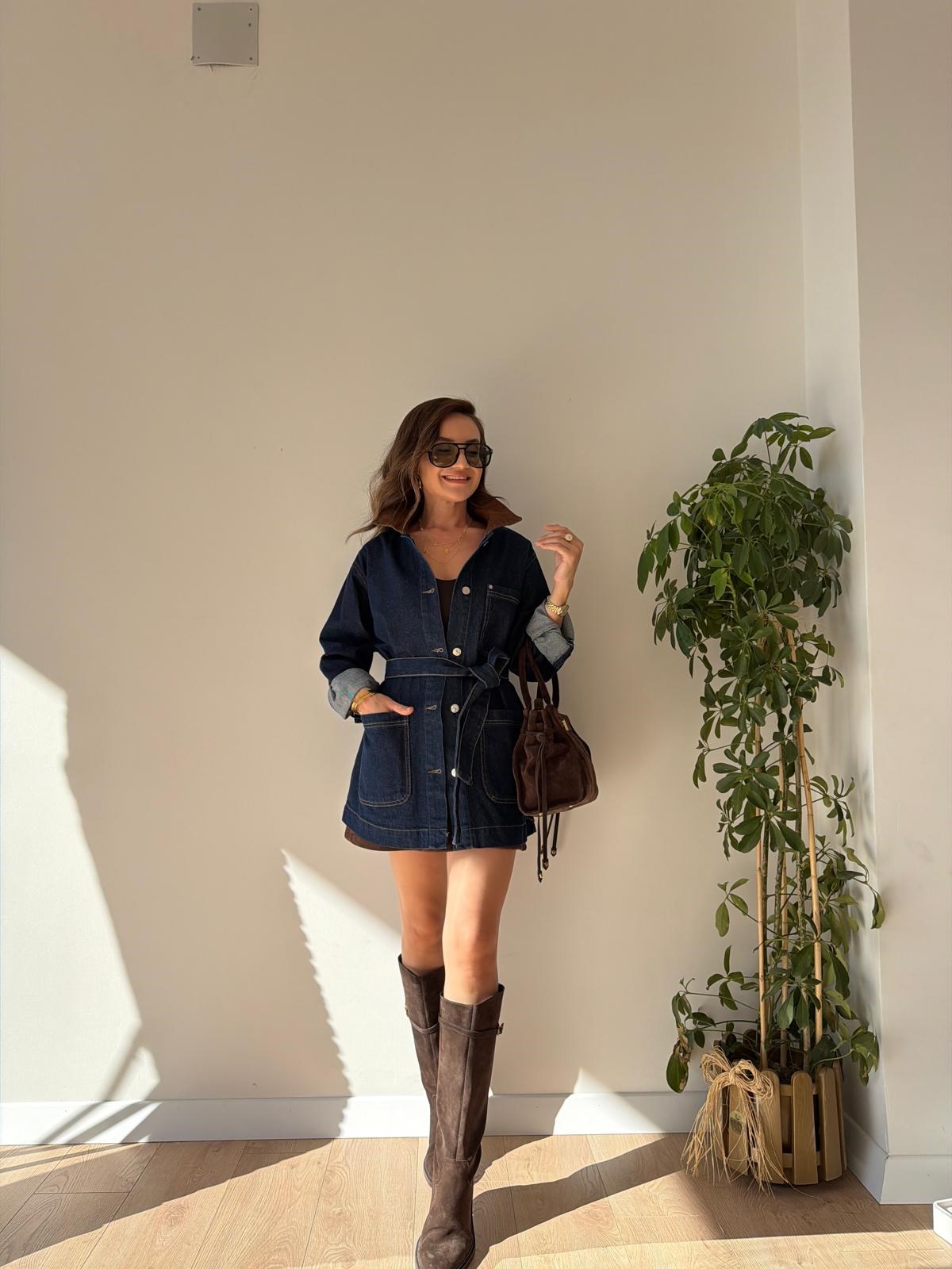 Lacivert Kadife Garni Yakalı Kuşaklı Denim Ceket 5915