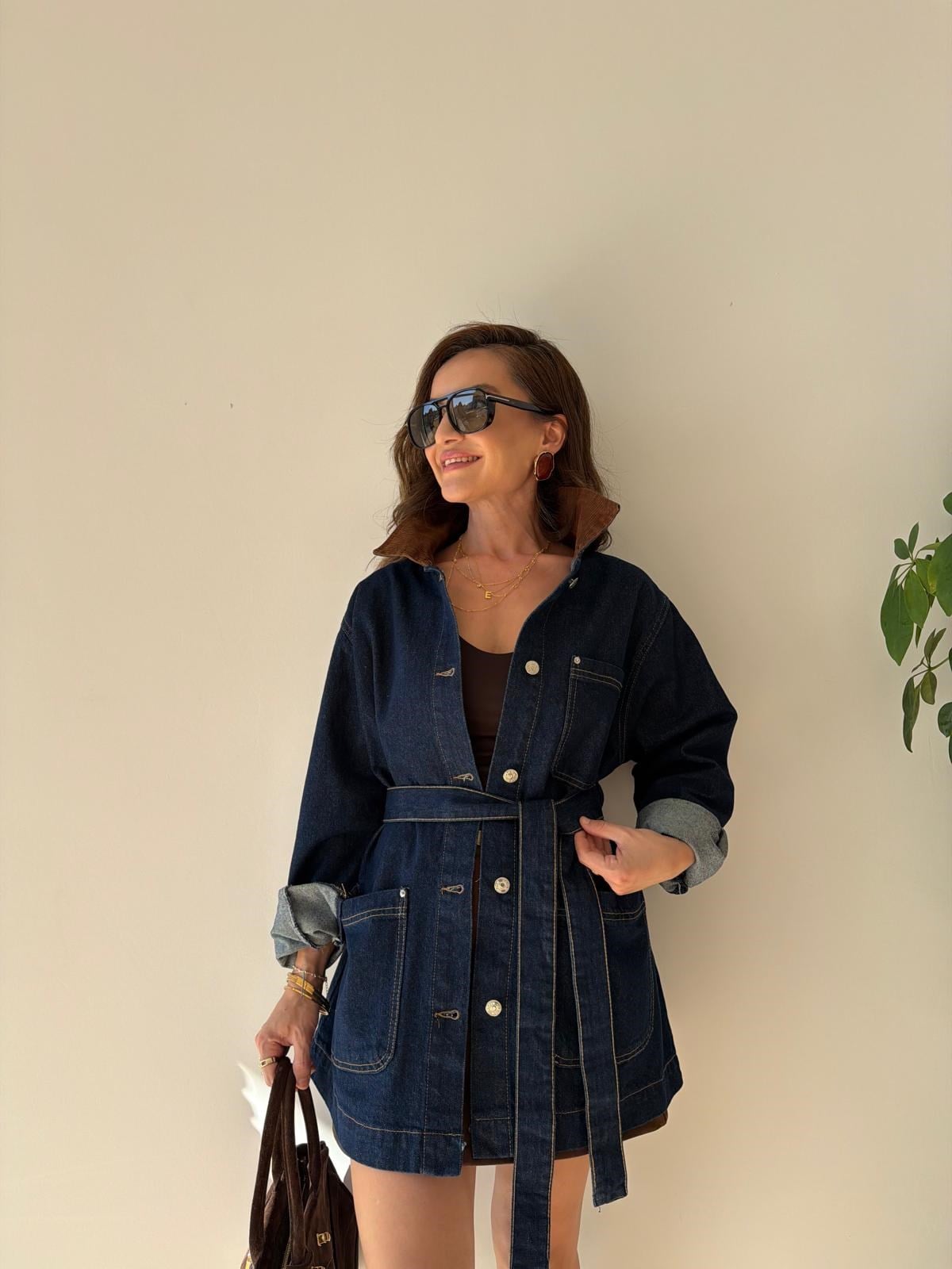 Lacivert Kadife Garni Yakalı Kuşaklı Denim Ceket 5915
