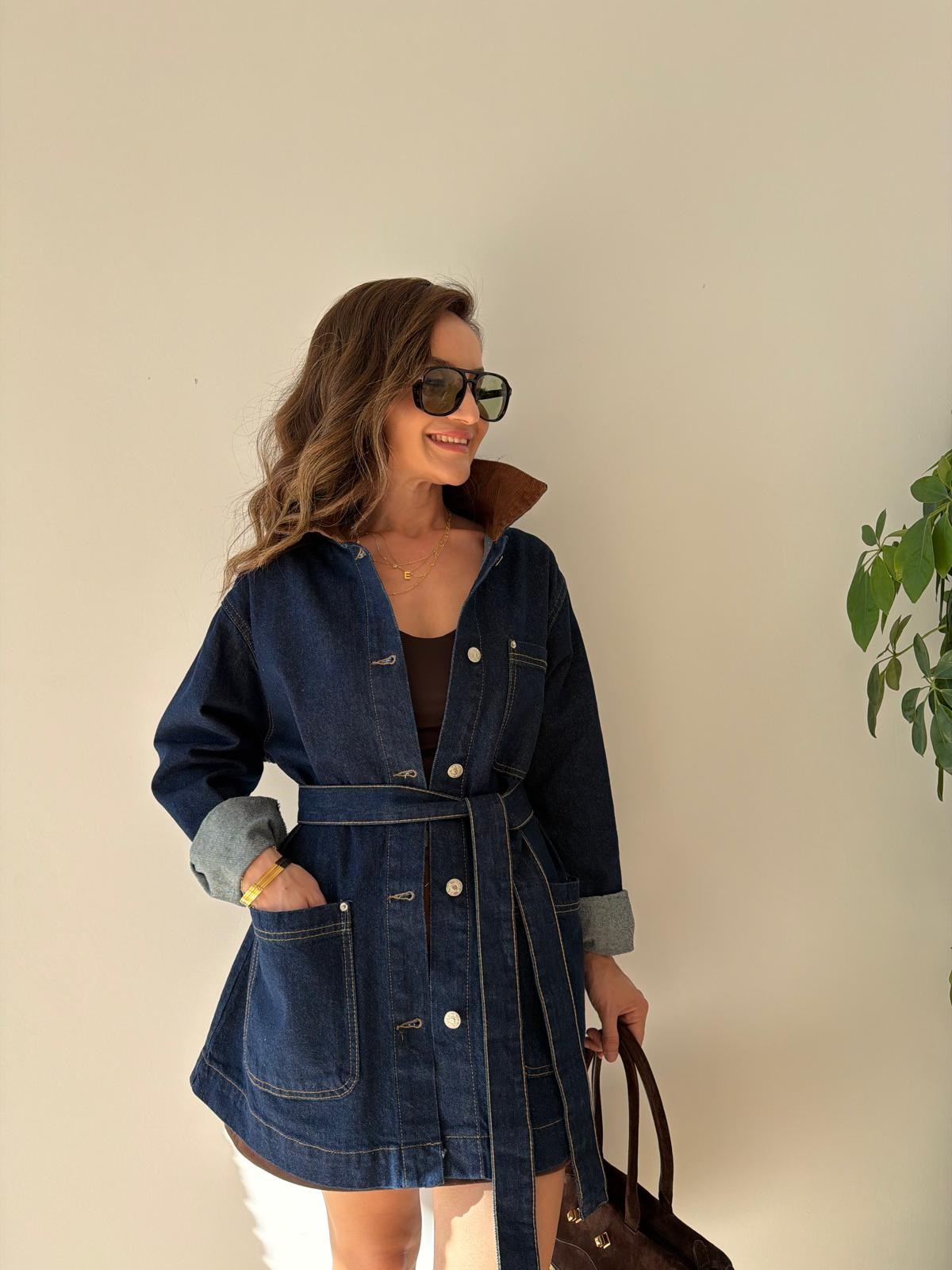 Lacivert Kadife Garni Yakalı Kuşaklı Denim Ceket 5915