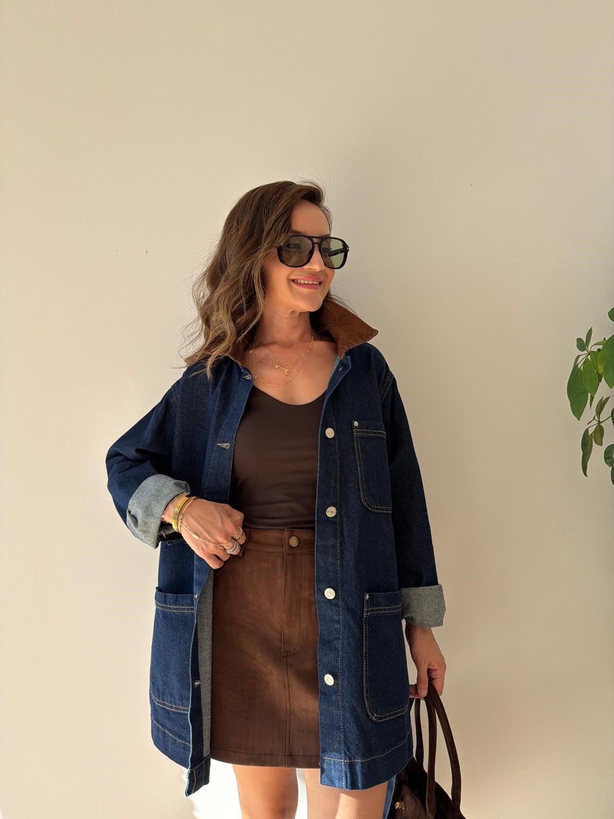 Lacivert Kadife Garni Yakalı Kuşaklı Denim Ceket 5915