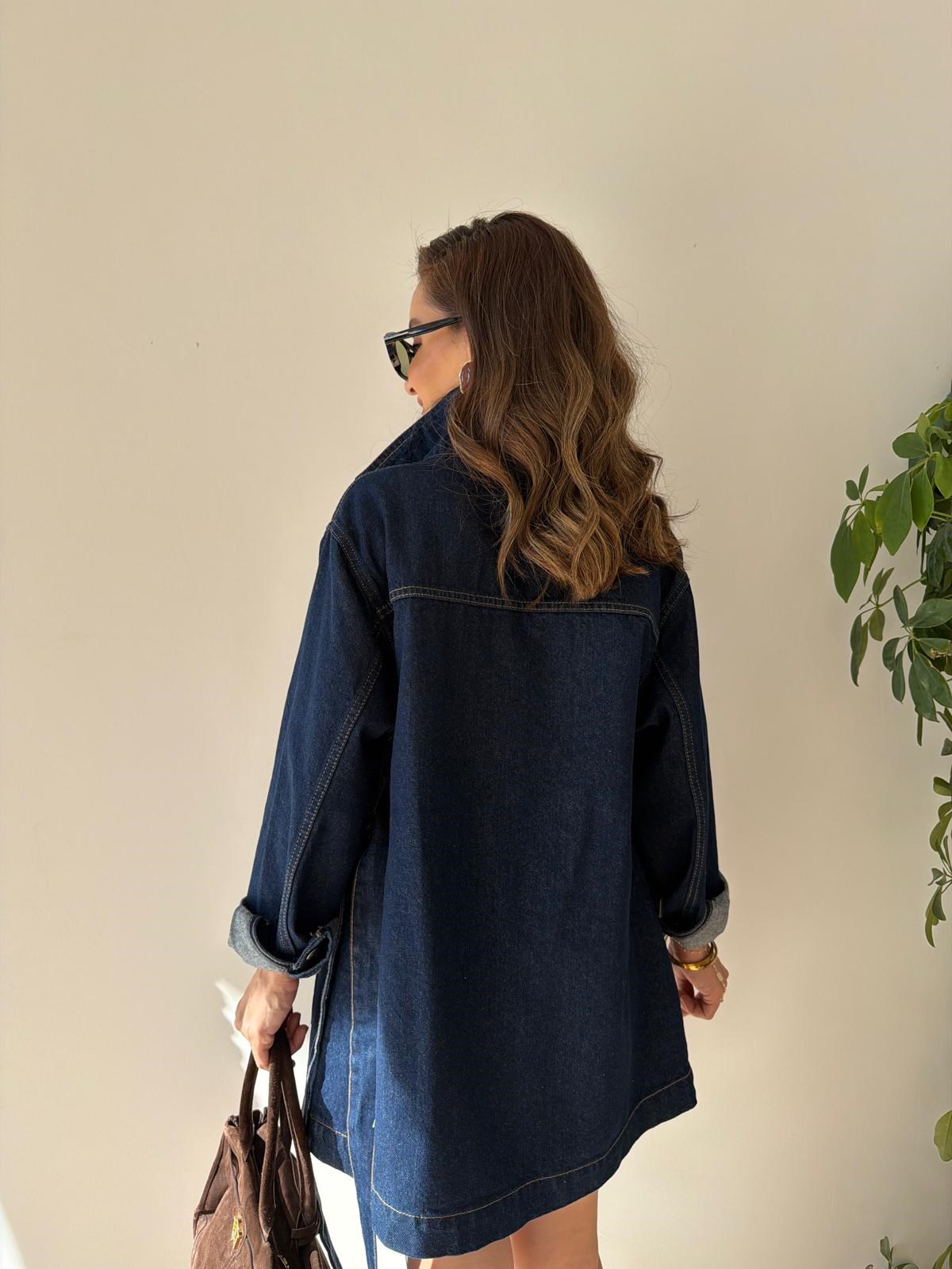 Lacivert Kadife Garni Yakalı Kuşaklı Denim Ceket 5915