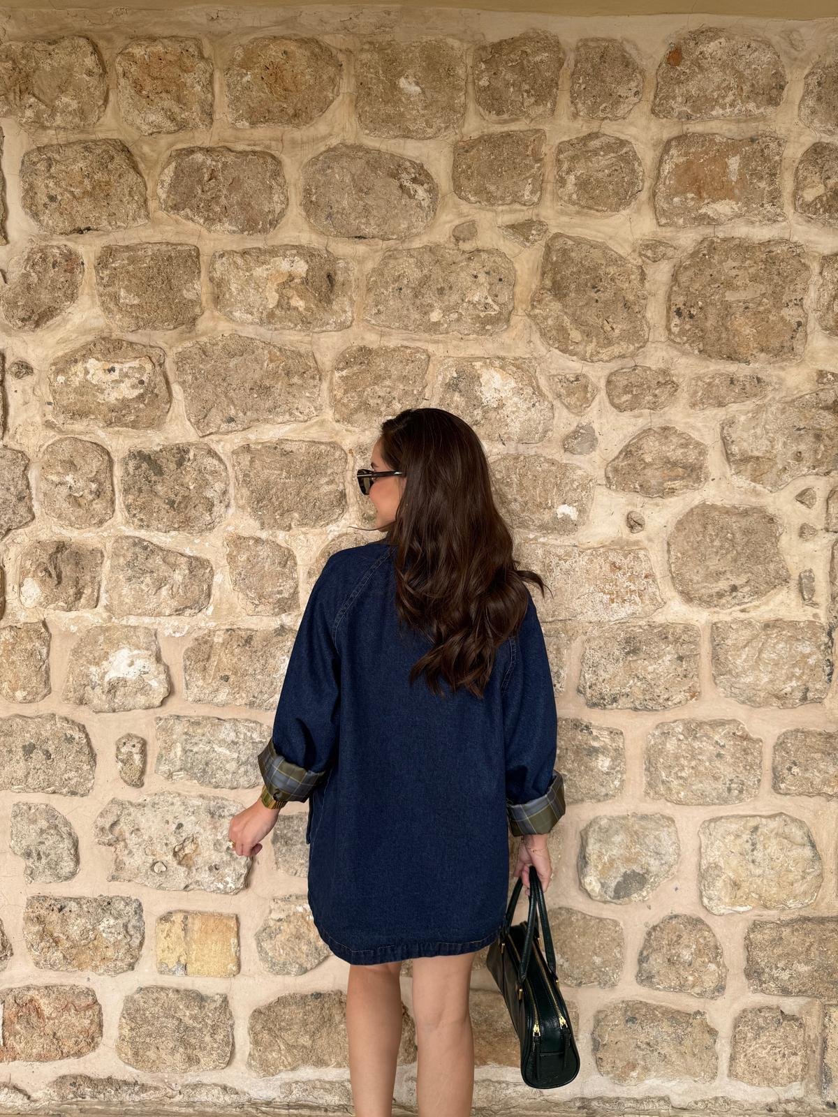 Lacivert Kadife Yaka Cepli Denim Ceket 36781