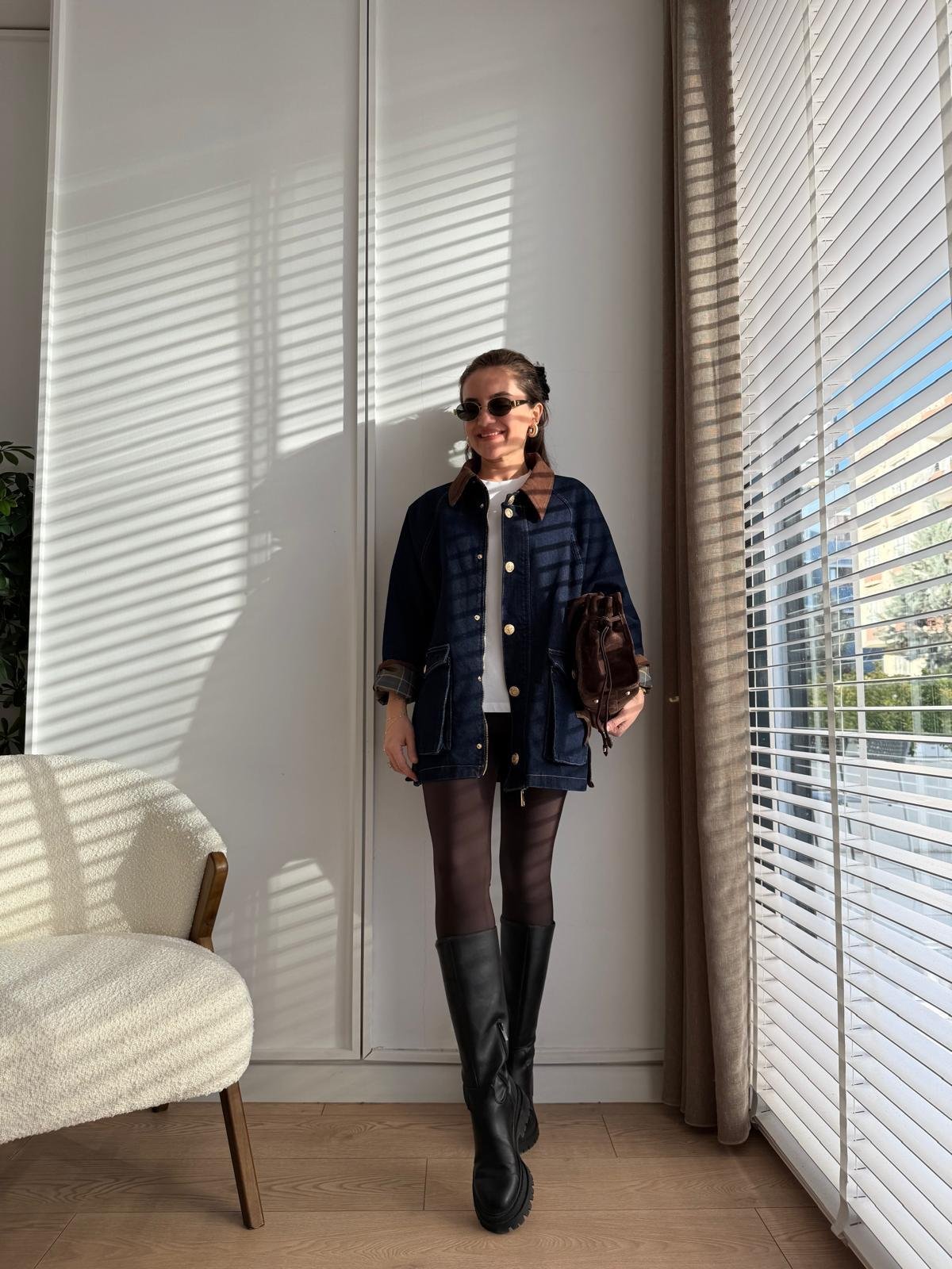 Lacivert Kadife Yaka Gold Düğmeli Denim Ceket 9183