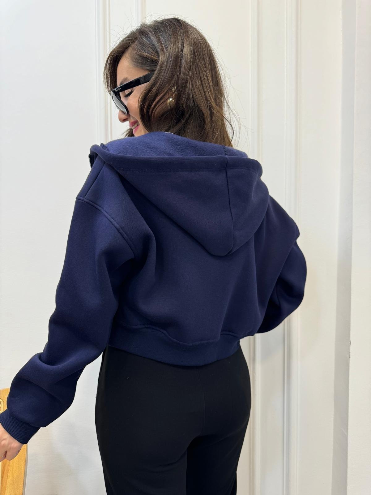 Lacivert Kapüşonlu Fermuarlı Kısa Sweatshırt 7028
