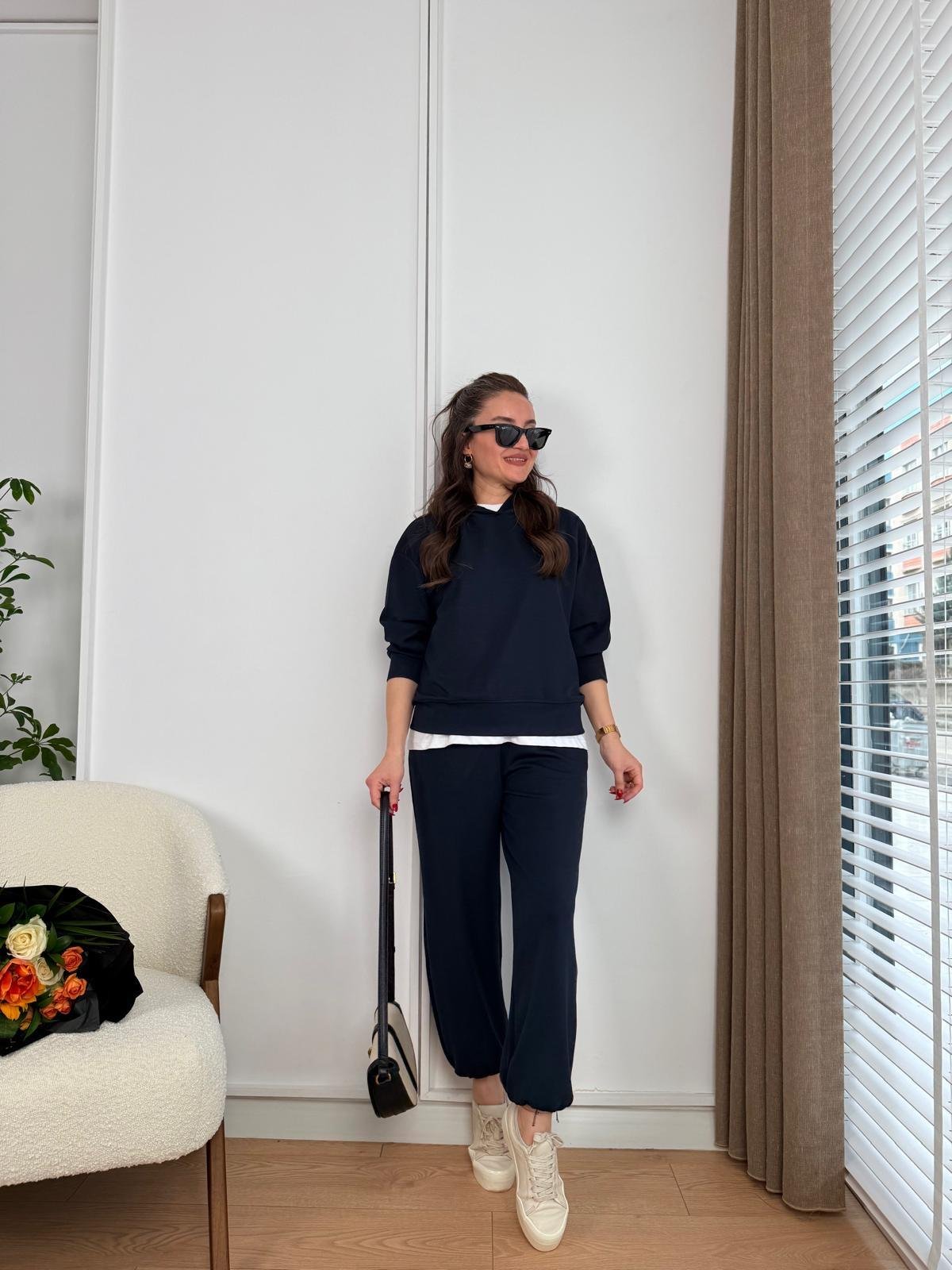 Lacivert Kapüşonlu Modal Kumaş Takım 50919