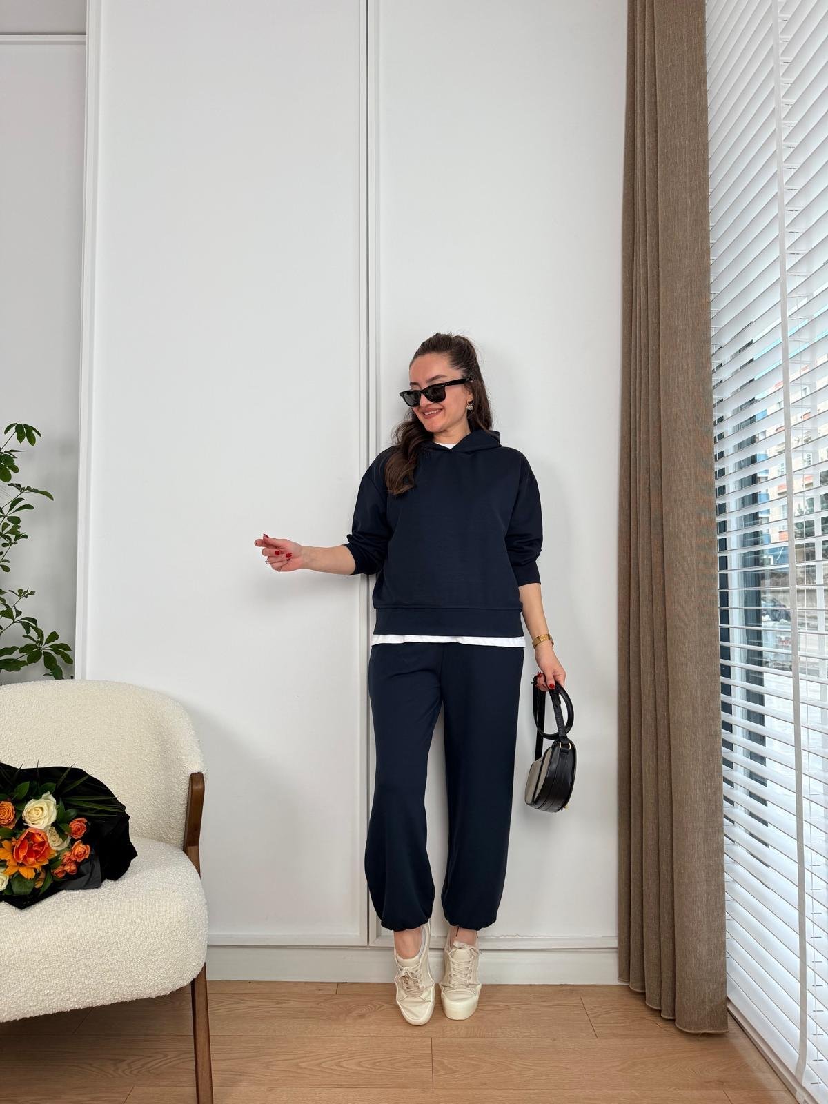Lacivert Kapüşonlu Modal Kumaş Takım 50919