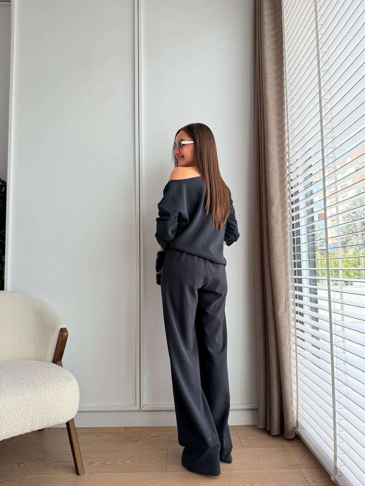 Lacivert Kayık Yaka Modal Kumaş Bluz Pantolon Takım 255335