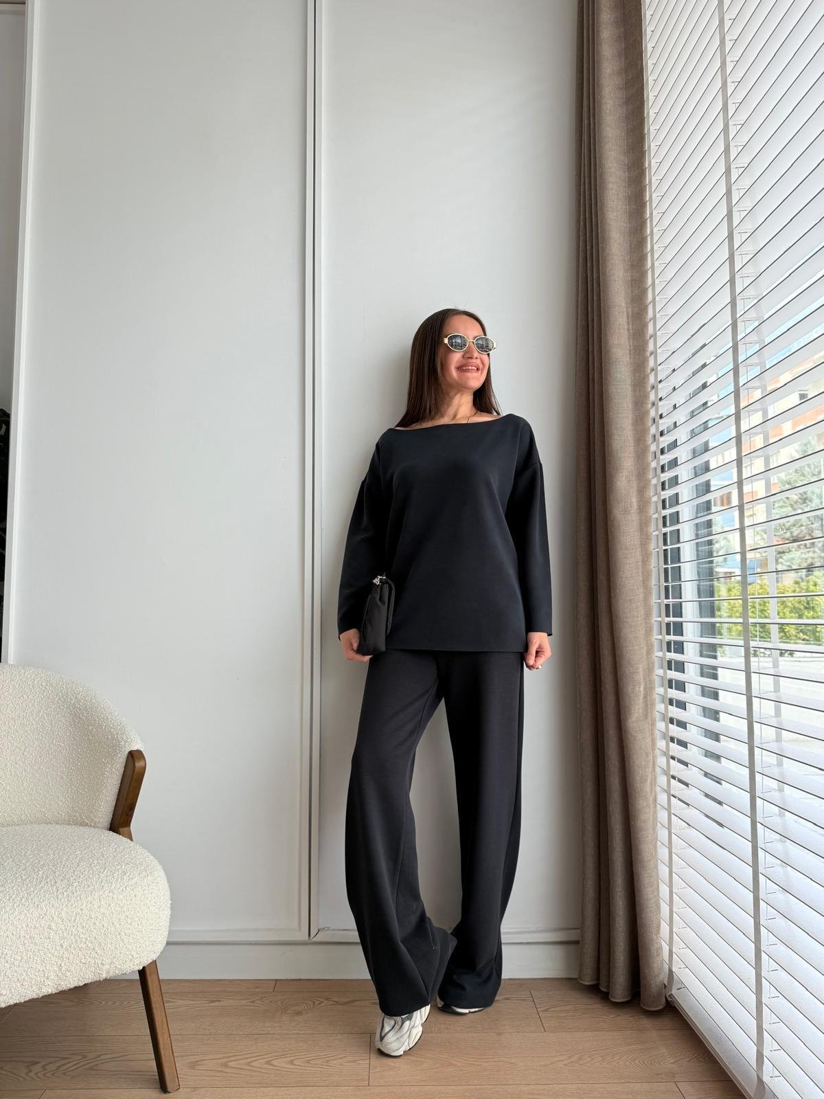Lacivert Kayık Yaka Modal Kumaş Bluz Pantolon Takım 255335