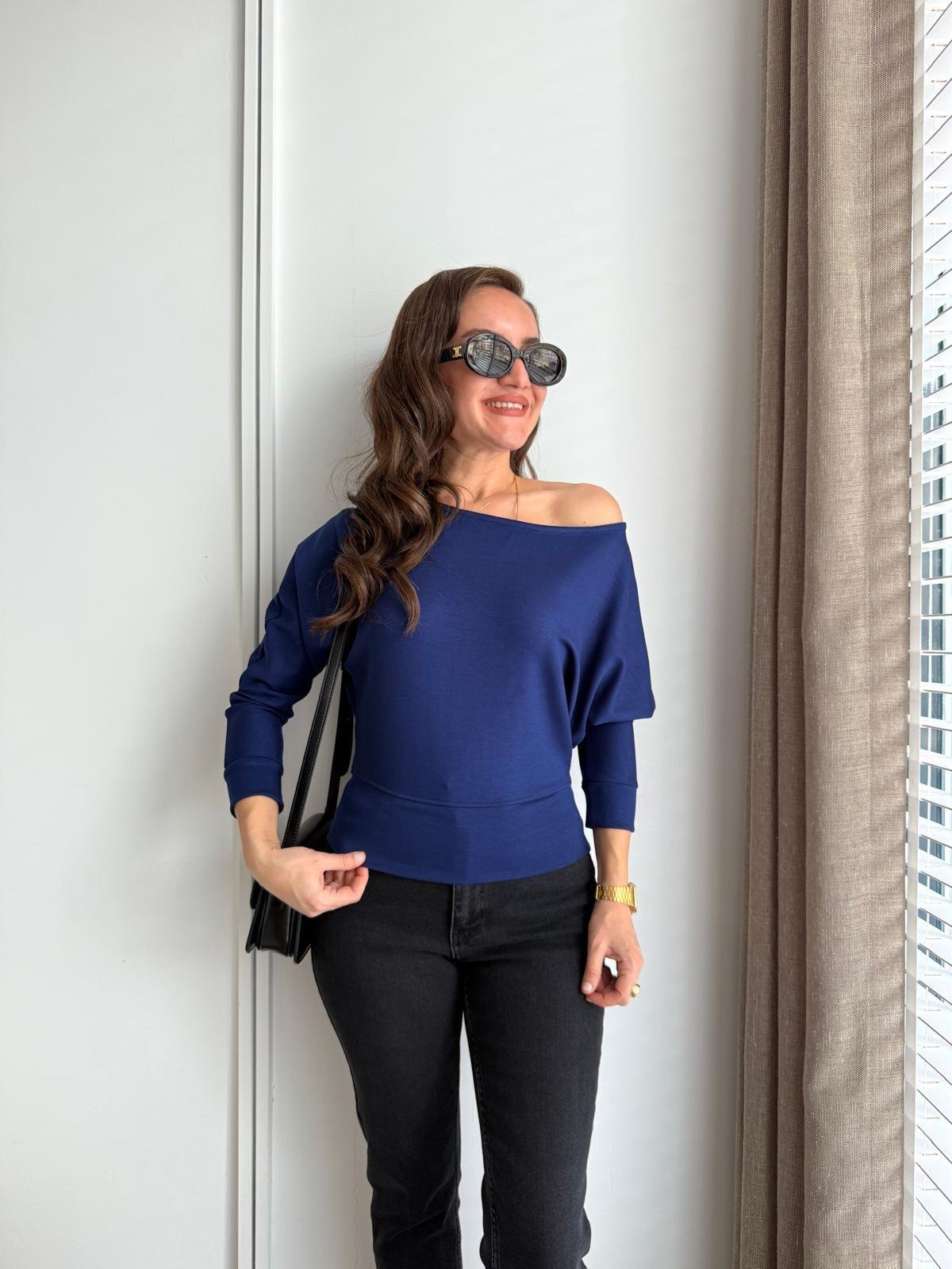 Lacivert Kayık Yaka Yarasa Kol Bluz 1514