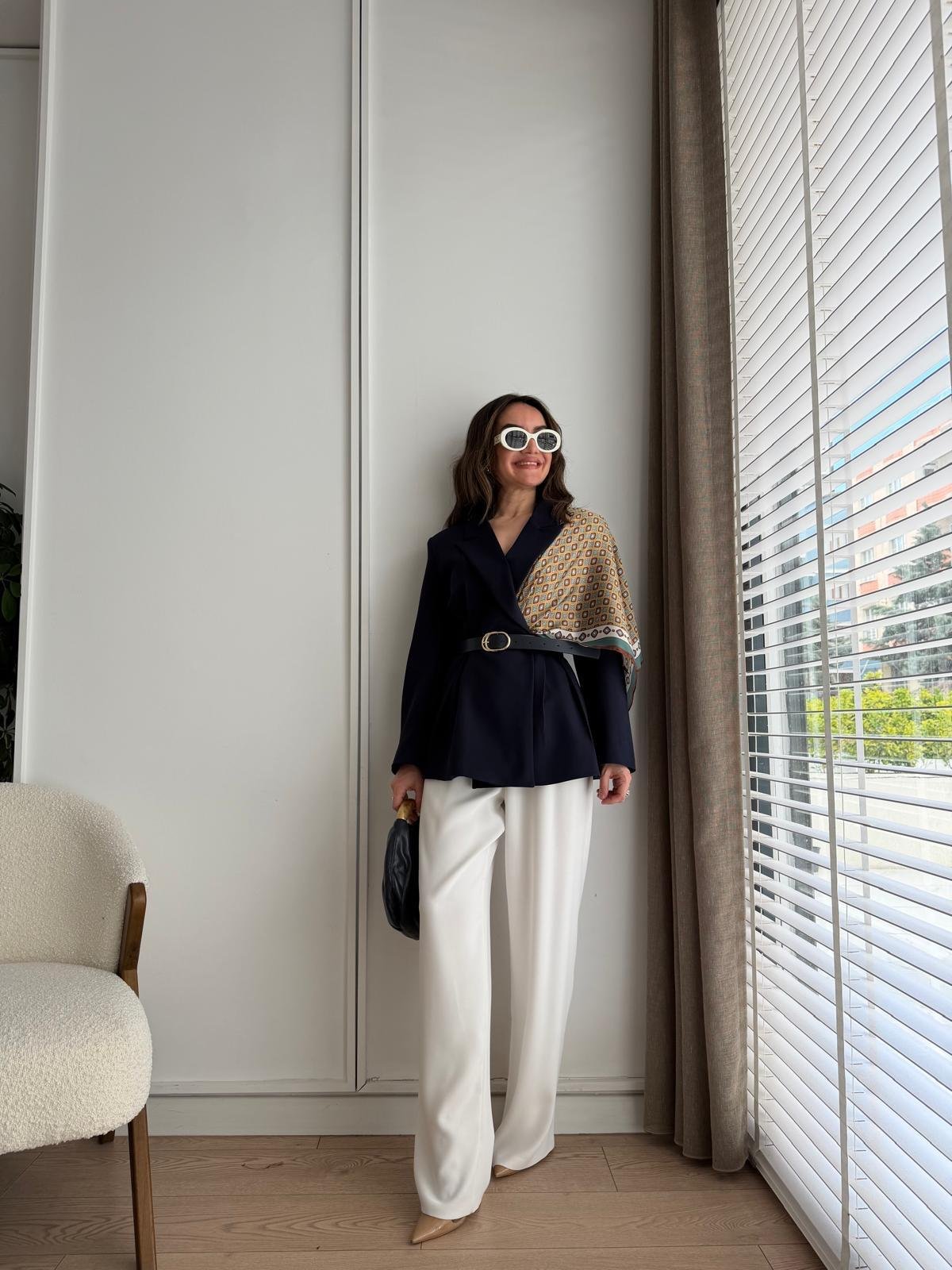 Lacivert Kemerli Fular Detaylı Blazer Ceket 6337