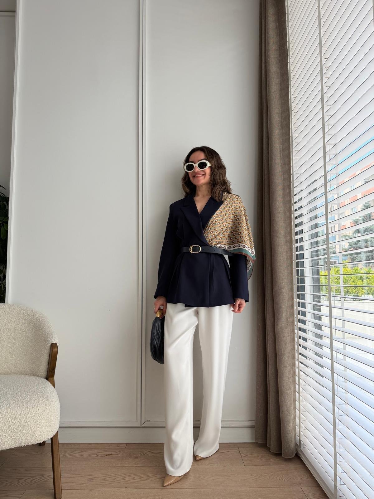 Lacivert Kemerli Fular Detaylı Blazer Ceket 6337