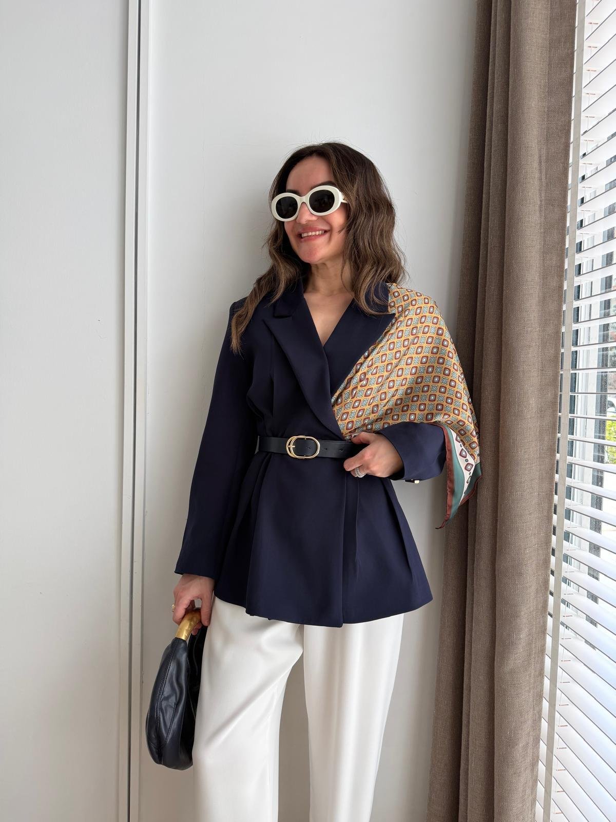 Lacivert Kemerli Fular Detaylı Blazer Ceket 6337