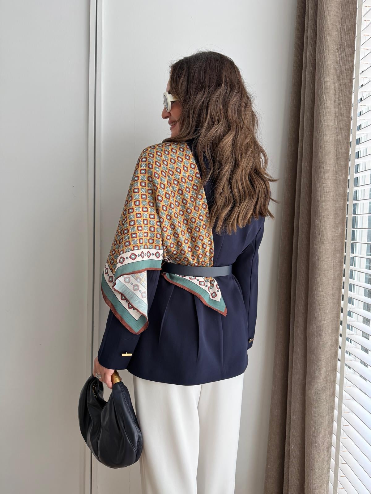 Lacivert Kemerli Fular Detaylı Blazer Ceket 6337