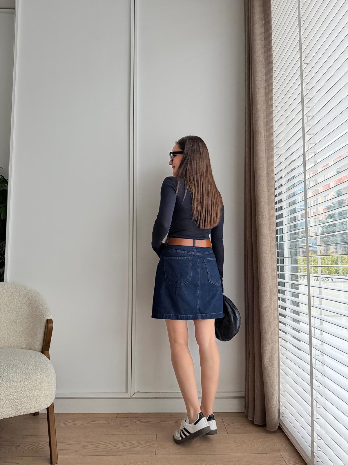 Lacivert Kemerli Mini Kot Etek 1046