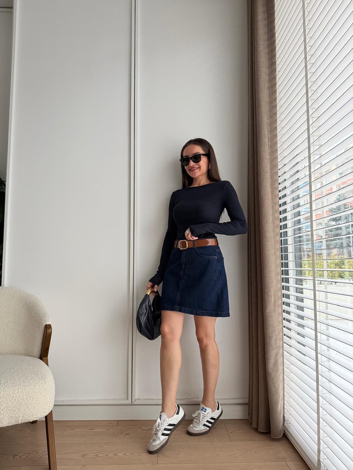 Lacivert Kemerli Mini Kot Etek 1046