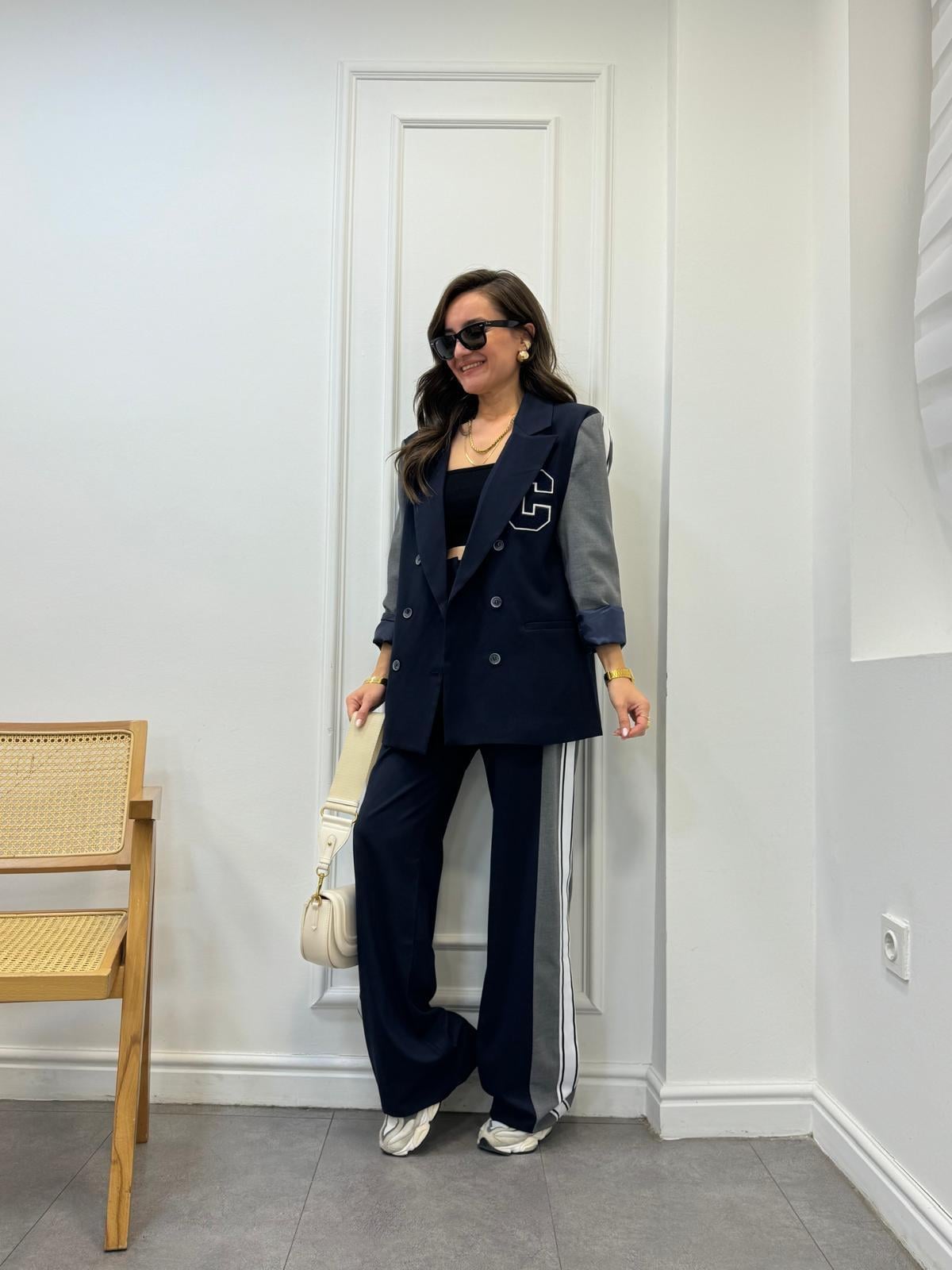 Lacivert Kol Detaylı Tasarım Blazer Ceket 0041