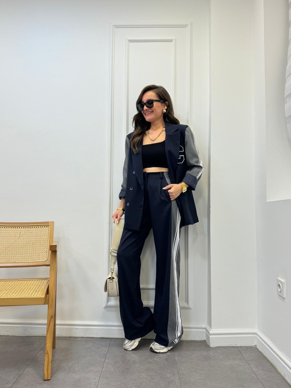 Lacivert Kol Detaylı Tasarım Blazer Ceket 0041