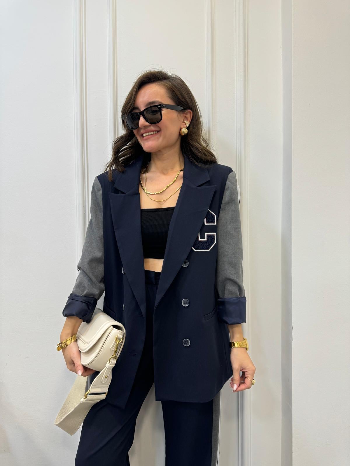 Lacivert Kol Detaylı Tasarım Blazer Ceket 0041