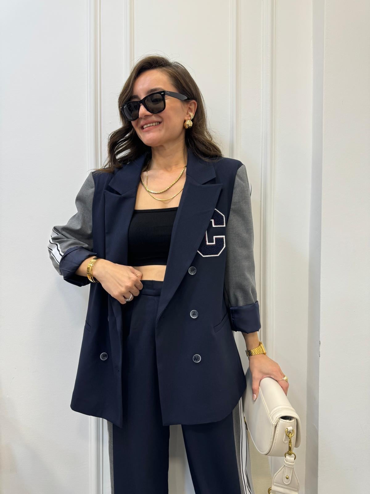Lacivert Kol Detaylı Tasarım Blazer Ceket 0041