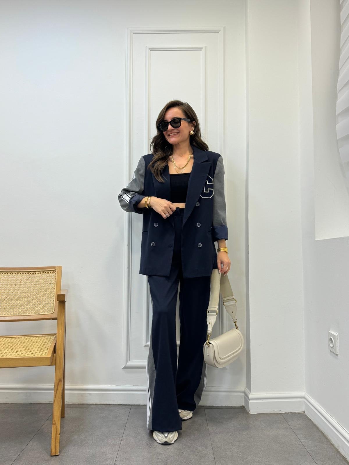 Lacivert Kol Detaylı Tasarım Blazer Ceket 0041