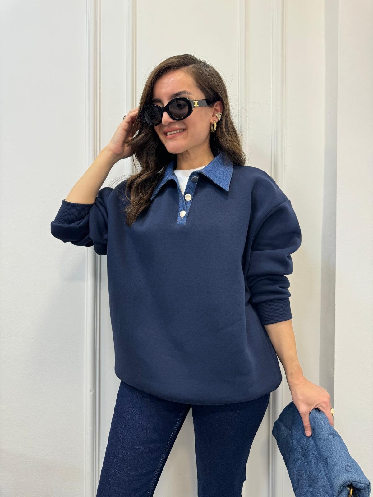 Lacivert Kot Yaka Detaylı Sweatshırt 110032