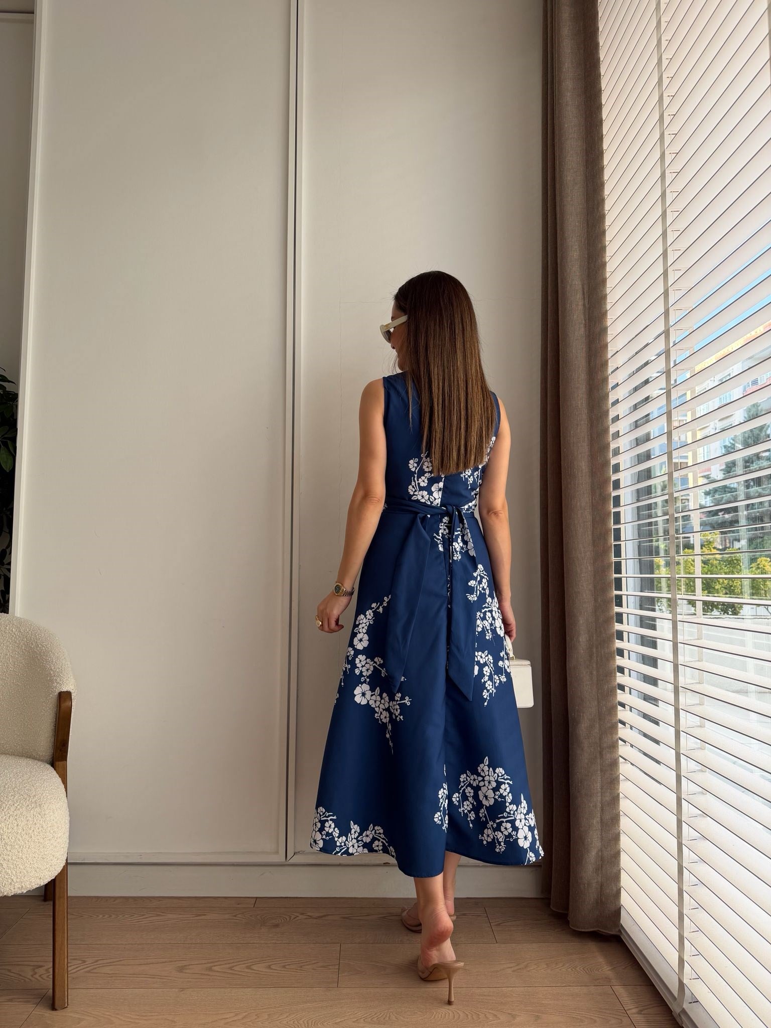 Lacivert Kruvaze Yaka Bel Bağlamalı Elbise 3776