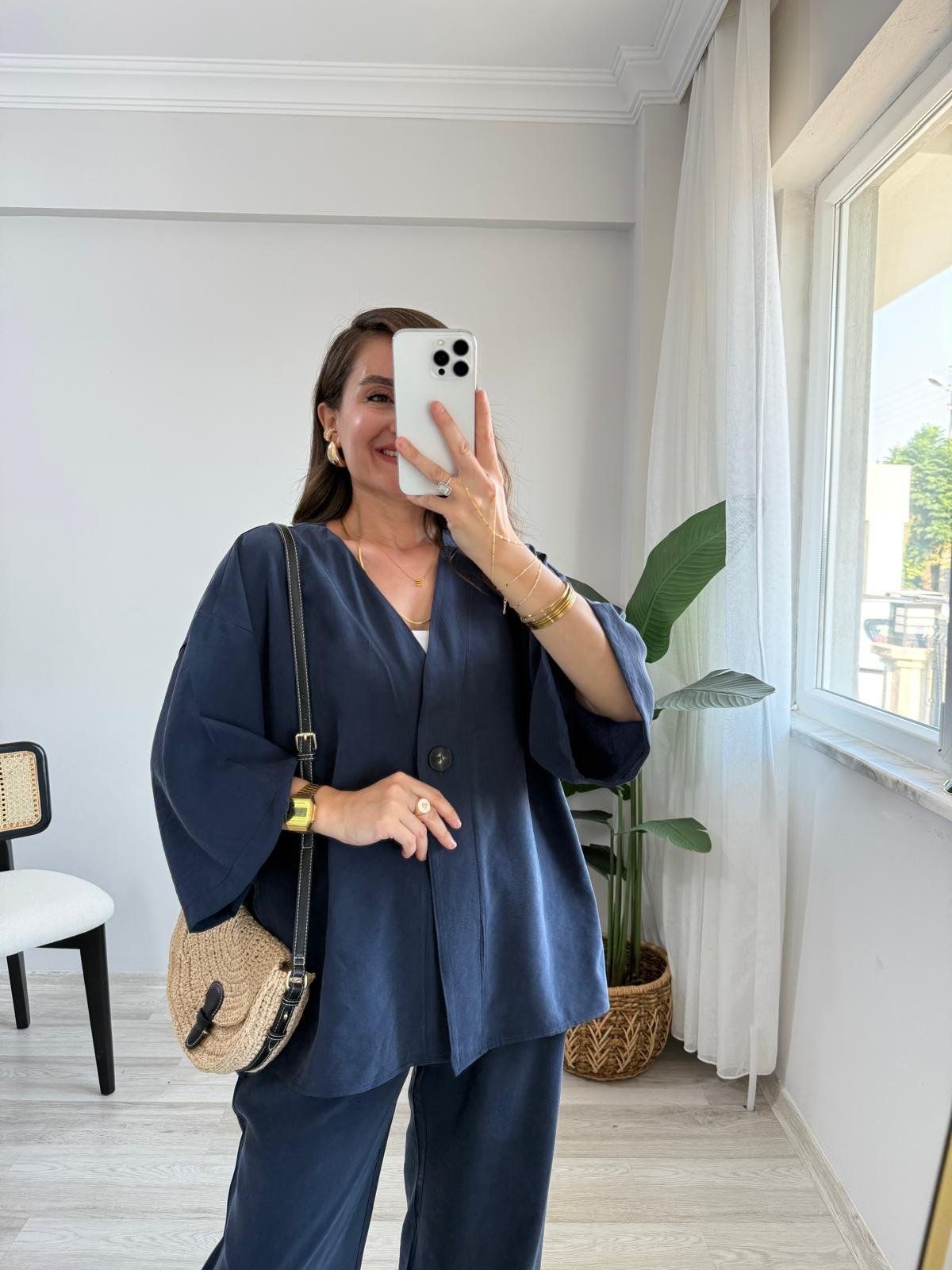 Lacivert Kruvaze Yaka Düğmeli Kimono Takım 1121