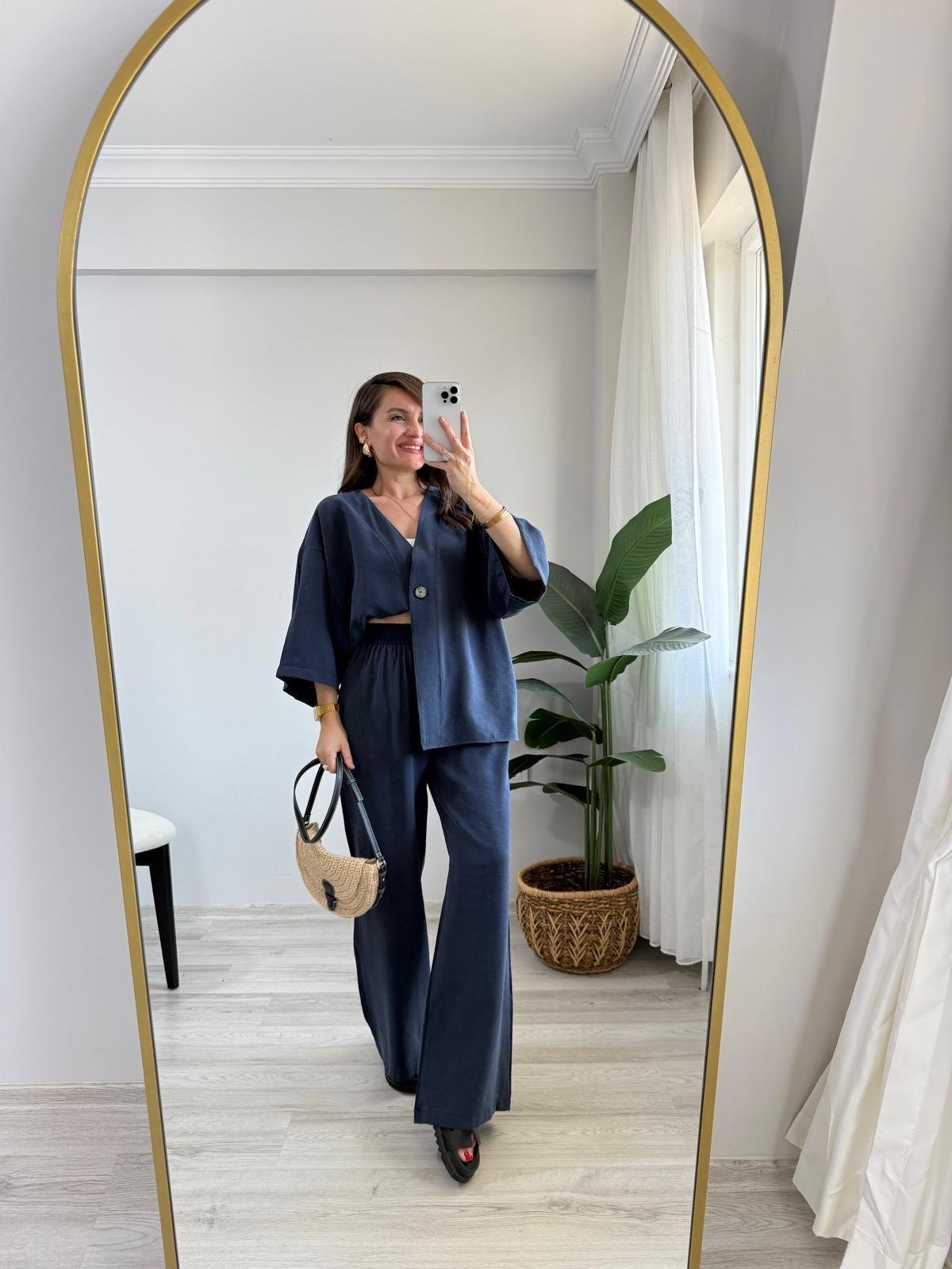 Lacivert Kruvaze Yaka Düğmeli Kimono Takım 1121