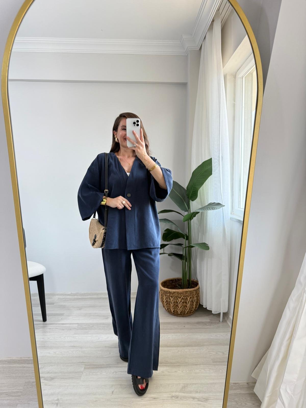 Lacivert Kruvaze Yaka Düğmeli Kimono Takım 1121