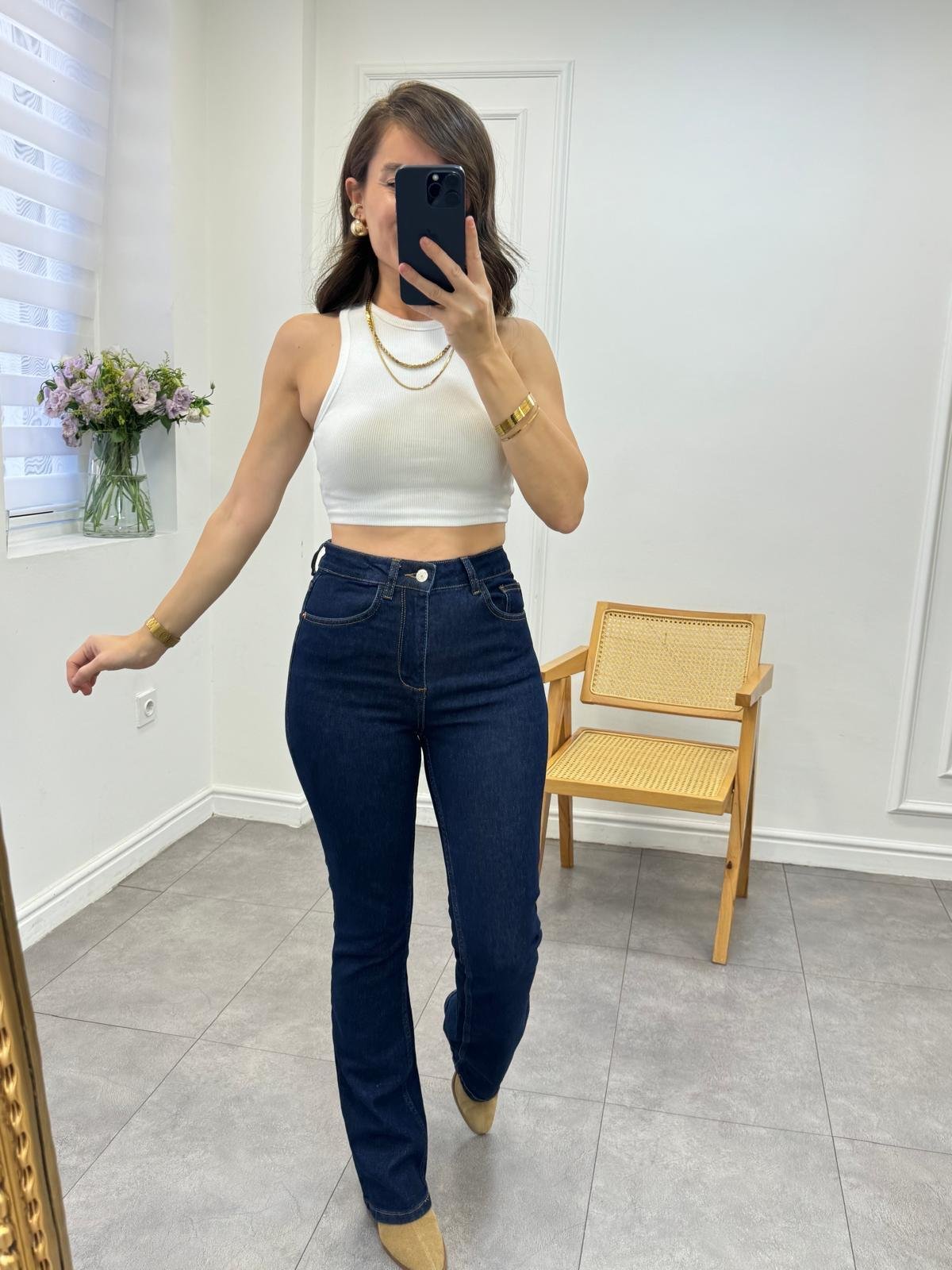Lacivert Likralı İspanyol Paça Jean 24545