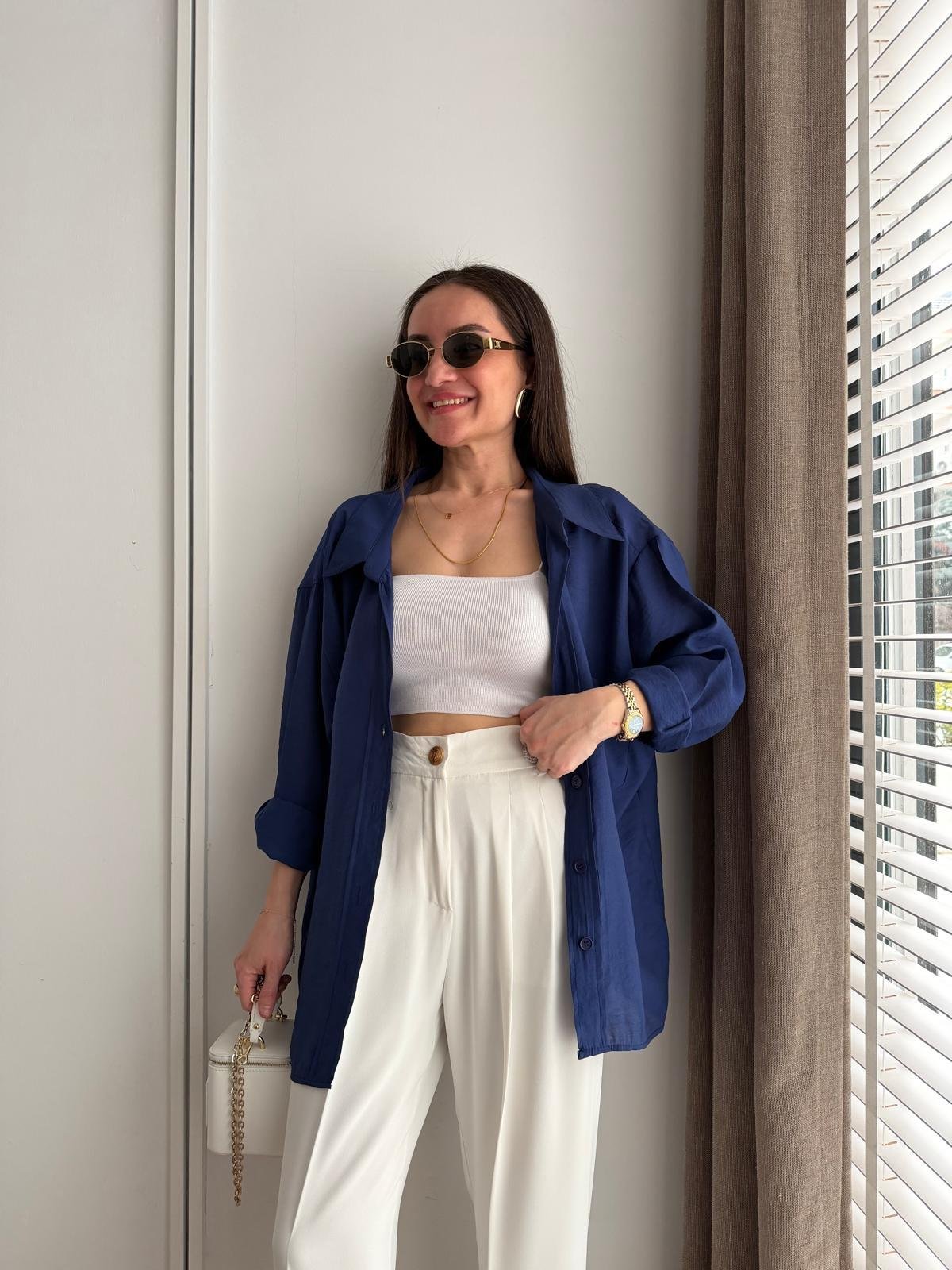 Lacivert Lüx Kalite Oversize Gömlek 4612