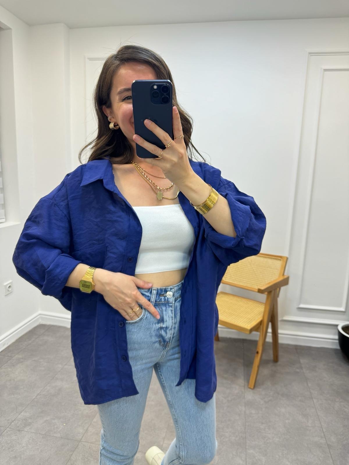 Lacivert Lüx Kalite Oversize Gömlek 4612