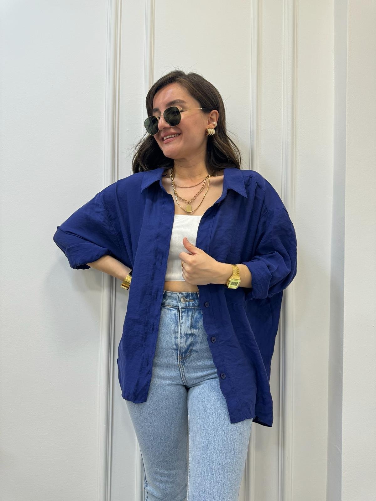 Lacivert Lüx Kalite Oversize Gömlek 4612