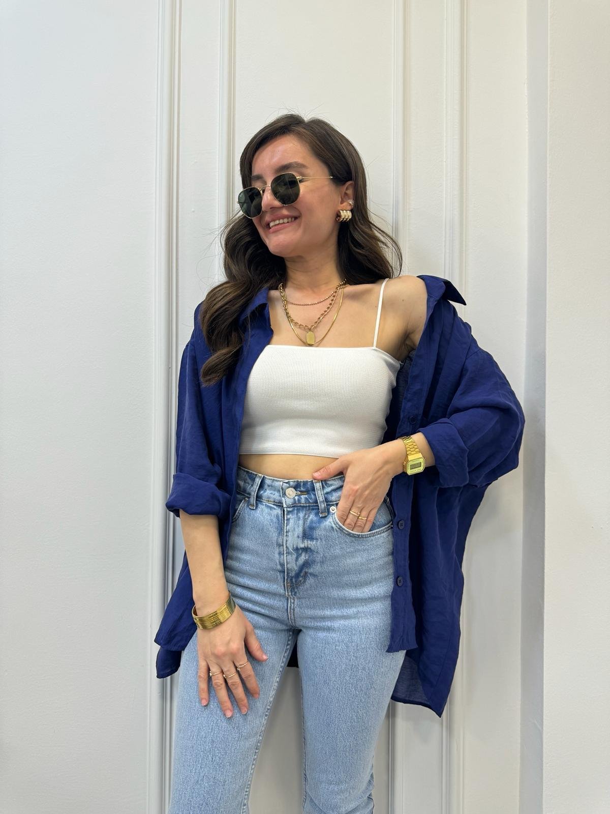 Lacivert Lüx Kalite Oversize Gömlek 4612