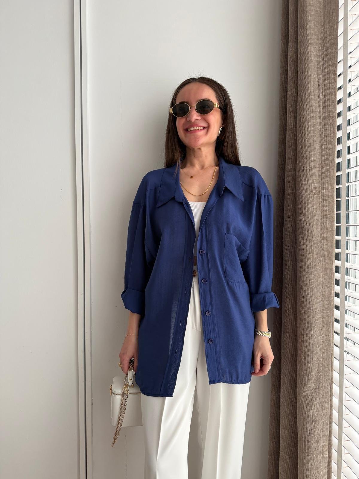 Lacivert Lüx Kalite Oversize Gömlek 4612