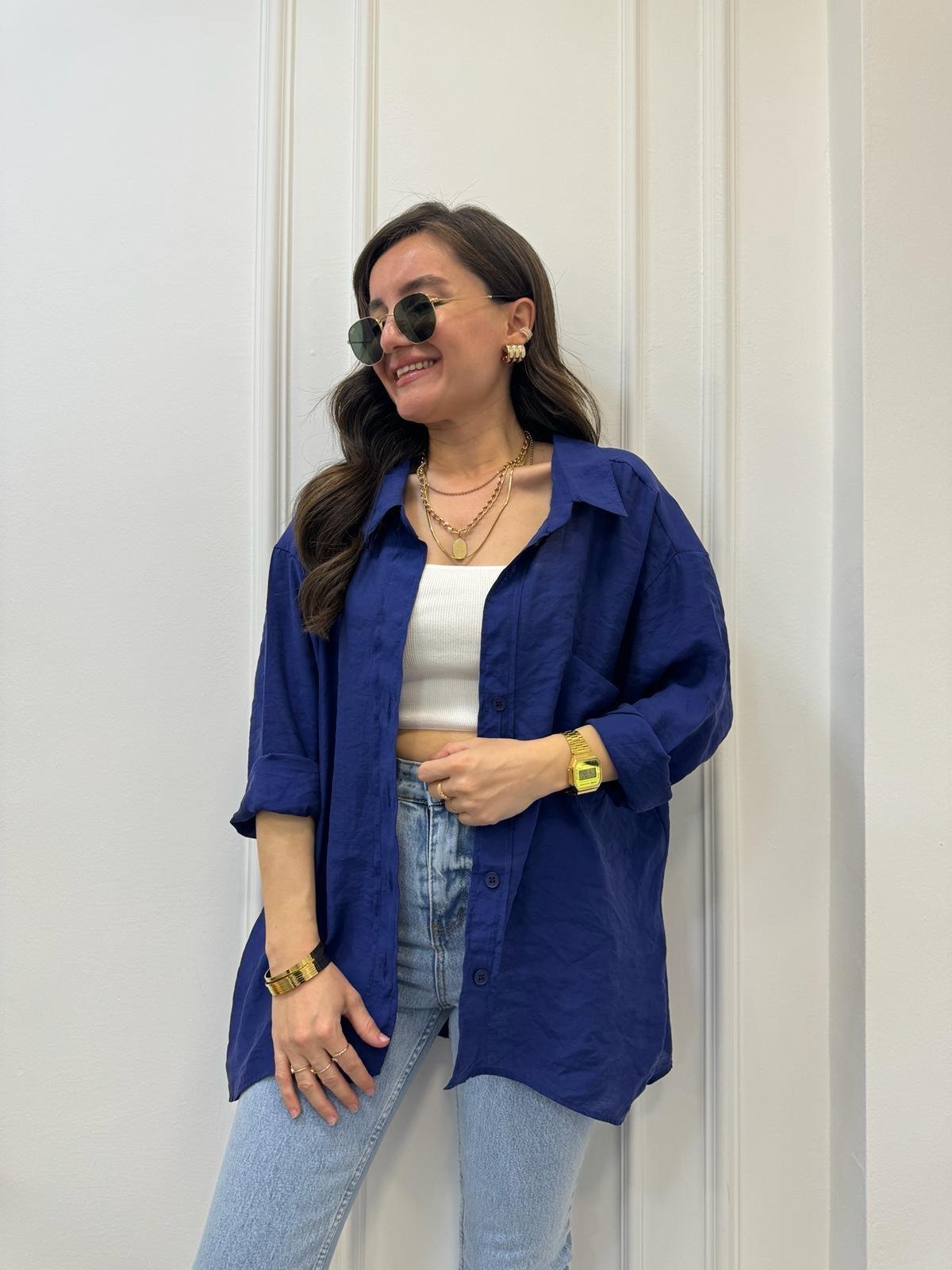Lacivert Lüx Kalite Oversize Gömlek 4612