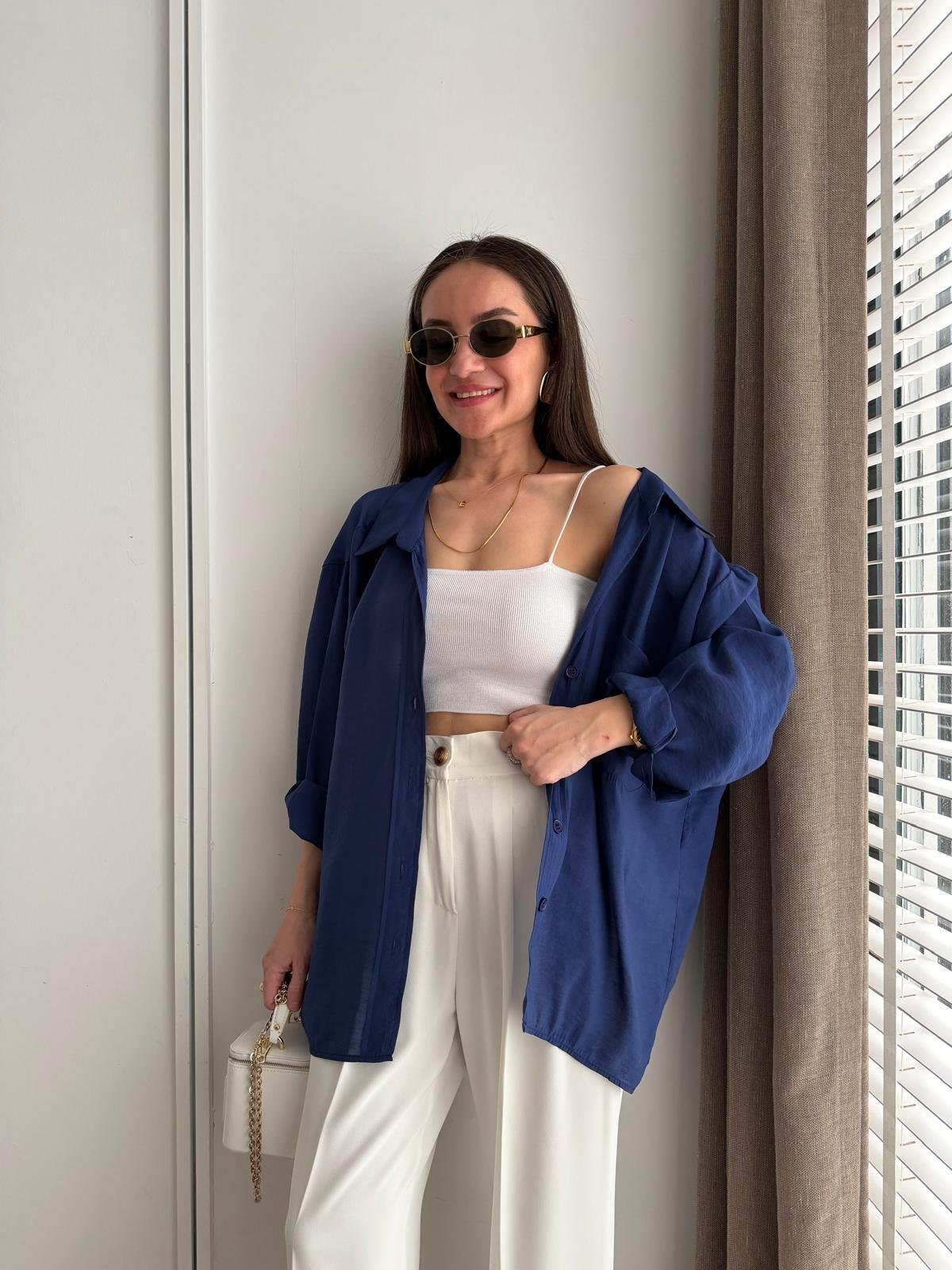 Lacivert Lüx Kalite Oversize Gömlek 4612