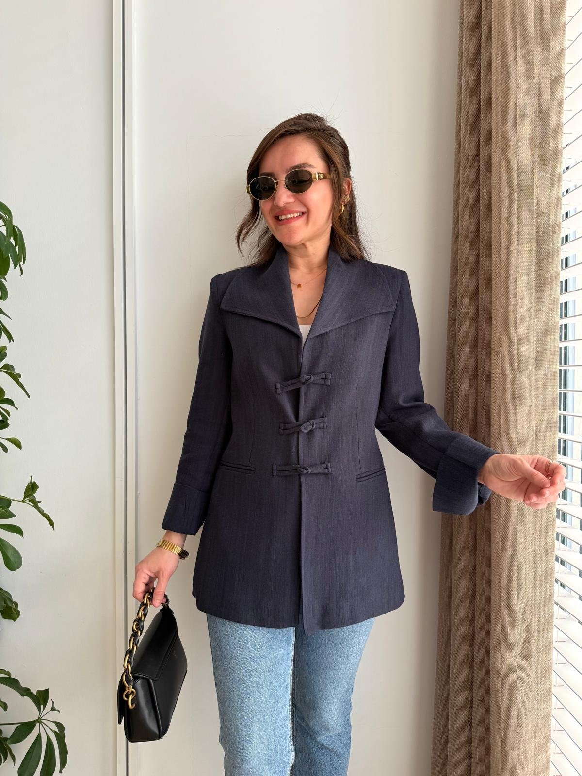 Lacivert Mendil Yaka Biyeli Blazer Ceket 7517