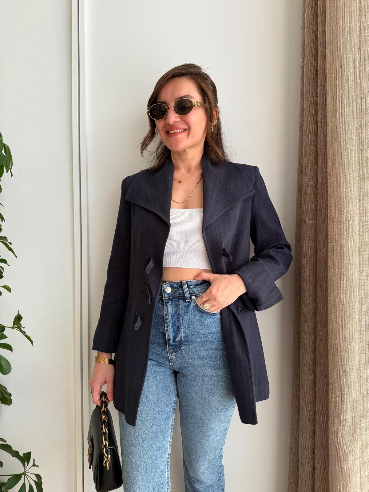 Lacivert Mendil Yaka Biyeli Blazer Ceket 7517